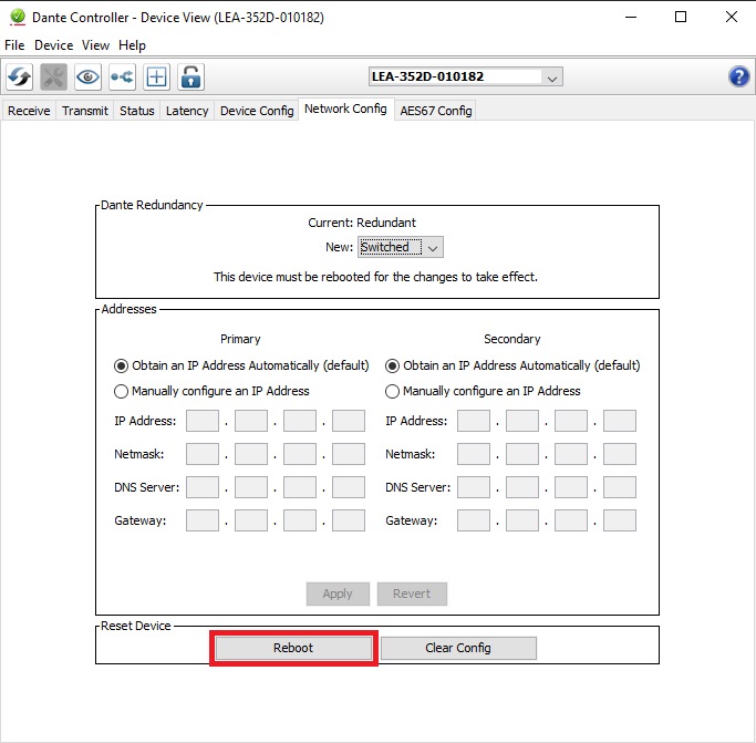 Dante Controller Network Config - Reboot Required - Click Here